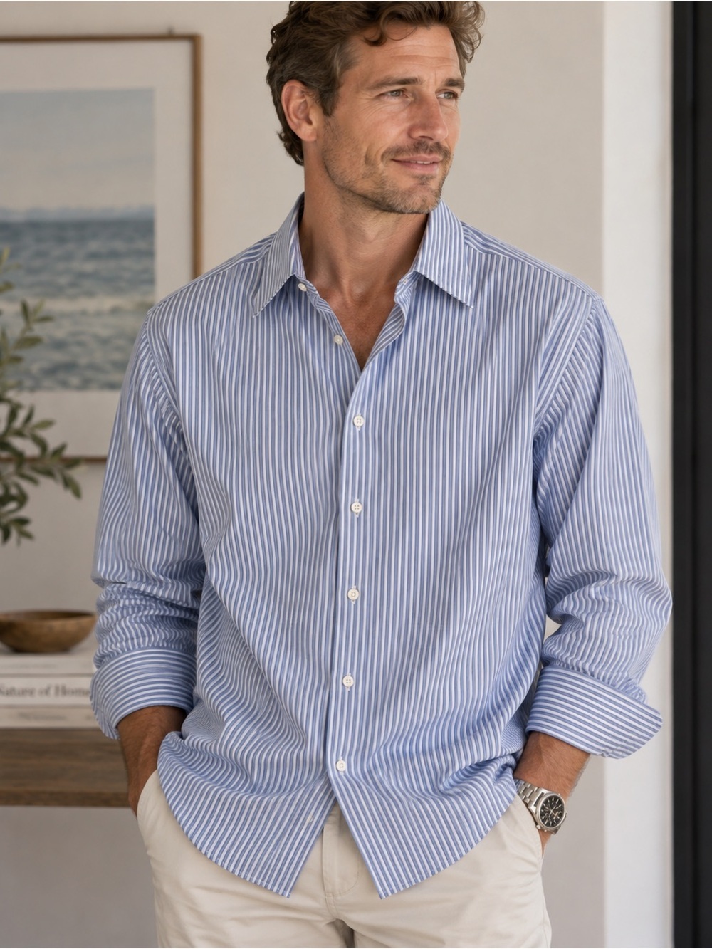 Ermenegildo 46 sleeve 18 Zegna Blue Striped Men's Shirt cotton reg